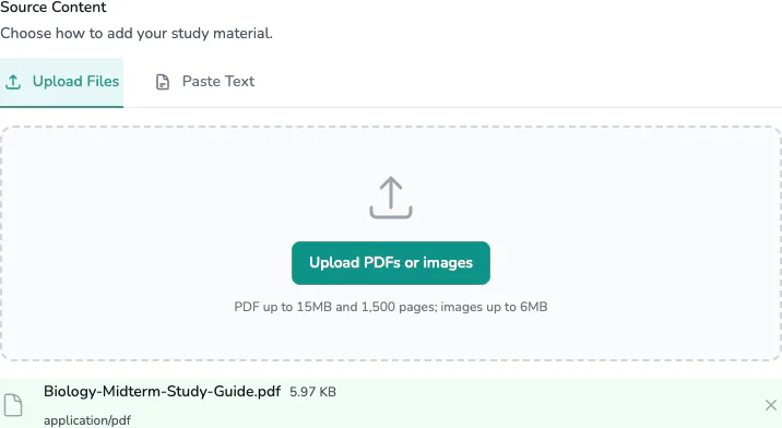 Flashcard Buddy upload screen for adding study material