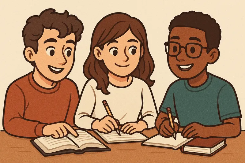 Students studying together with flashcards